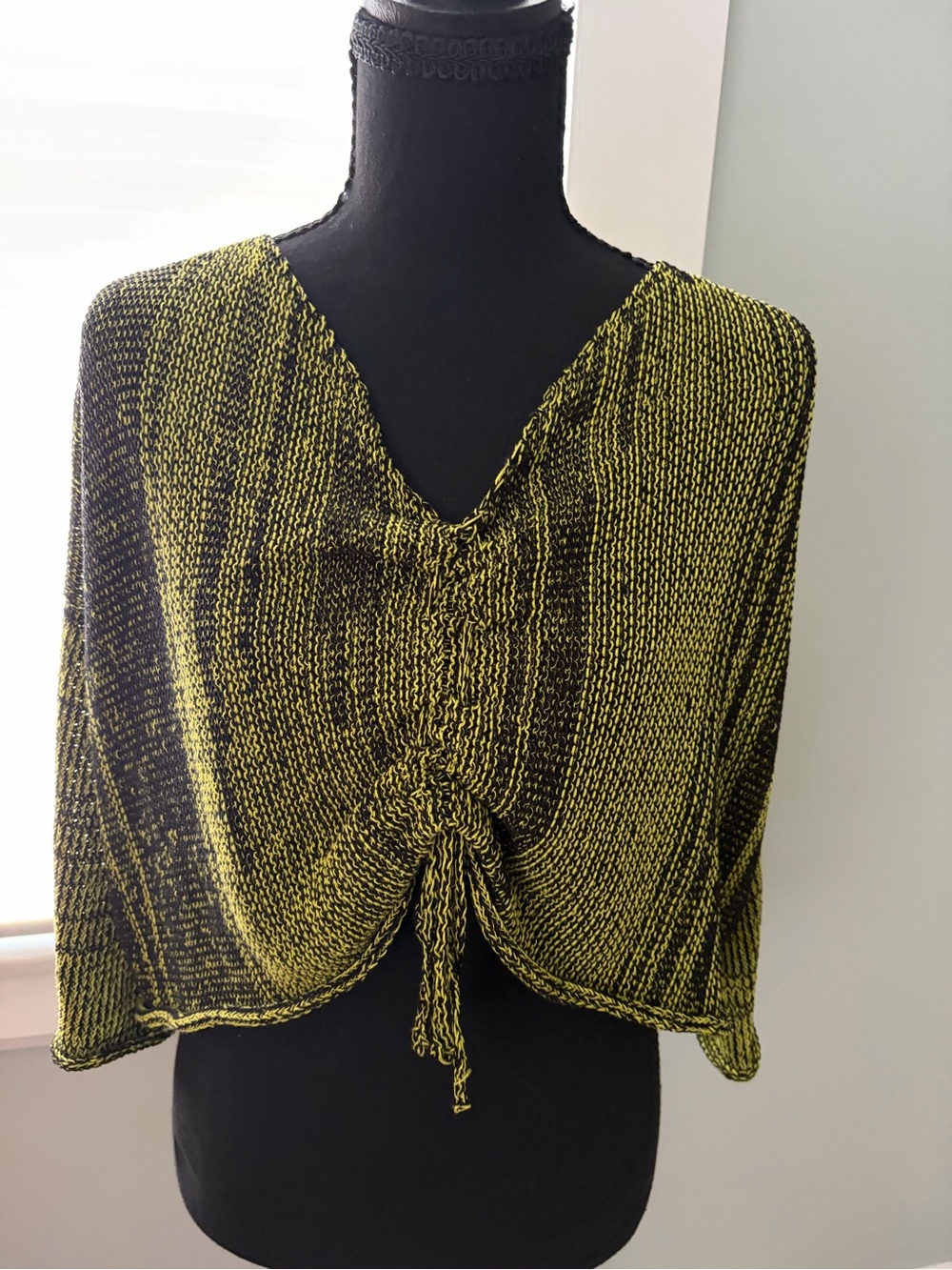 Women's V-Neck Drawstring Sweater in chartreuse green an and black.